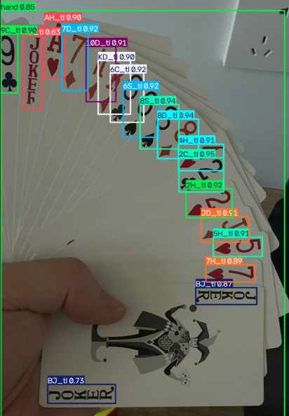 A fanned hand of cards with detection boxes over each card's corner index
